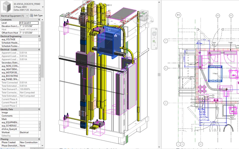 Electrical equipment in Revit with its data (3-phase, 480 V) next to the electrical room plan